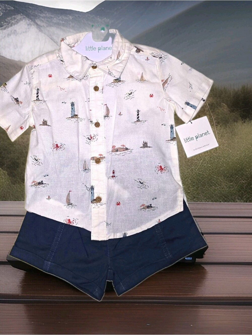Little Planet 12-18M 2pc Outfit Set Organic Cotton Button Shirt & Navy Shorts